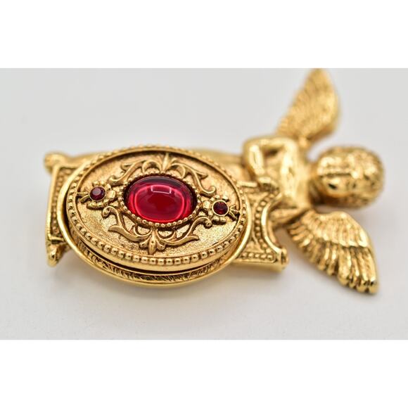 Vatican Library Vintage Angel Cherub Locket Pin Brooch Red Cabochon Signed BinBI - Picture 6 of 12
